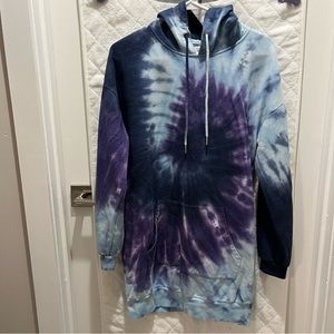 Blue and Purple Swirl Tie Die Tunic Hoodie; Size Medium